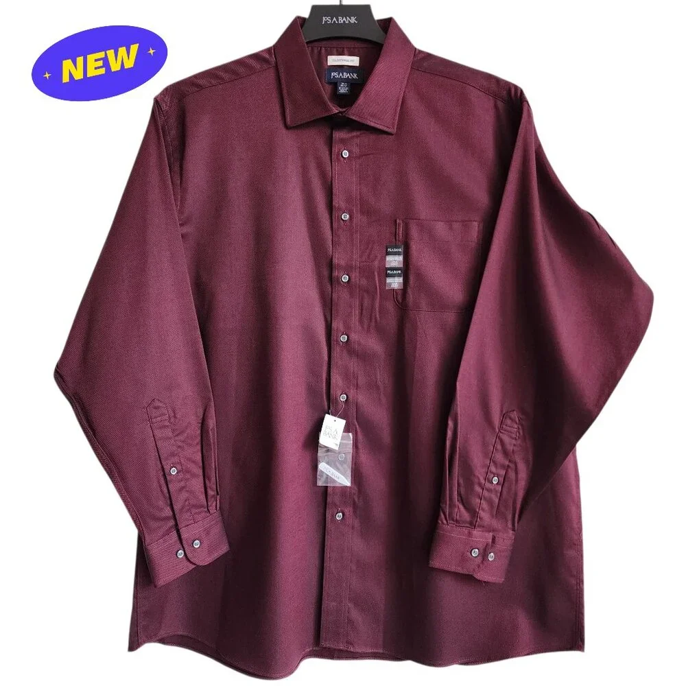 18.5 36/37 Red Wine Dress Shirt Traditional Fit Dark Jos A Bank New Solid Mens - Picture 1 of 16